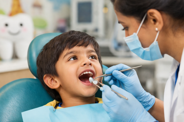 Child dental checkup by pediatric dentist