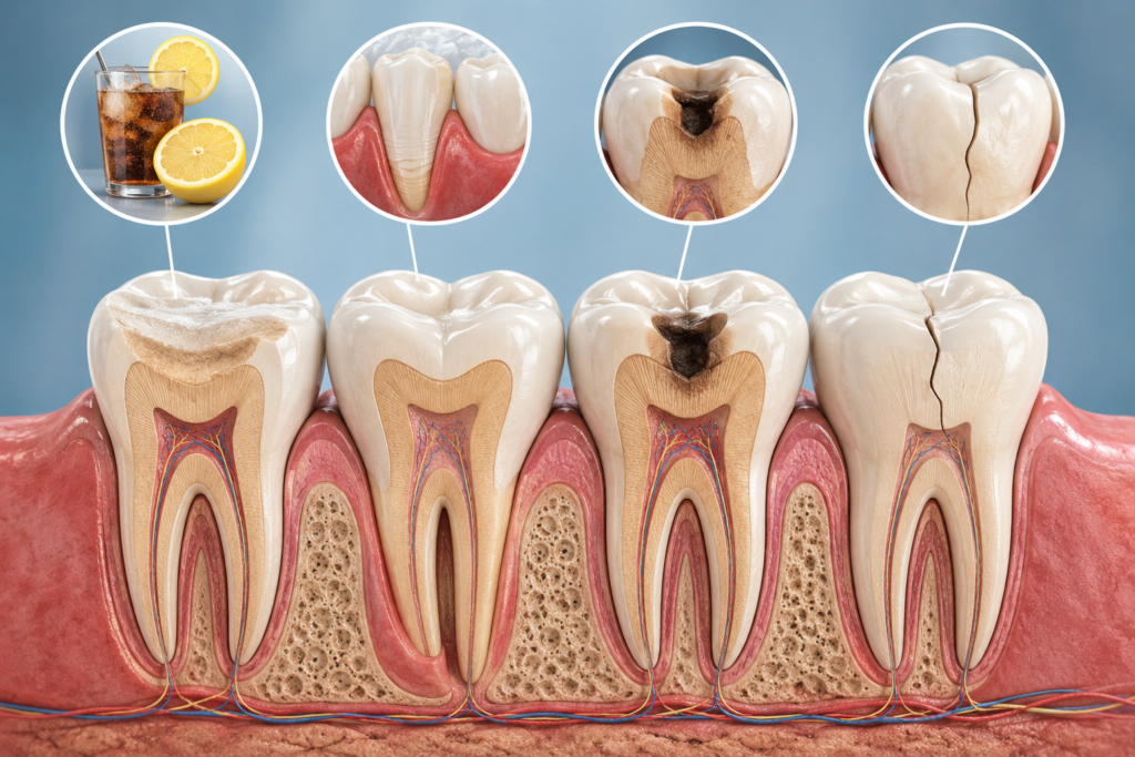 Common causes of tooth sensitivity including enamel erosion and gum recession