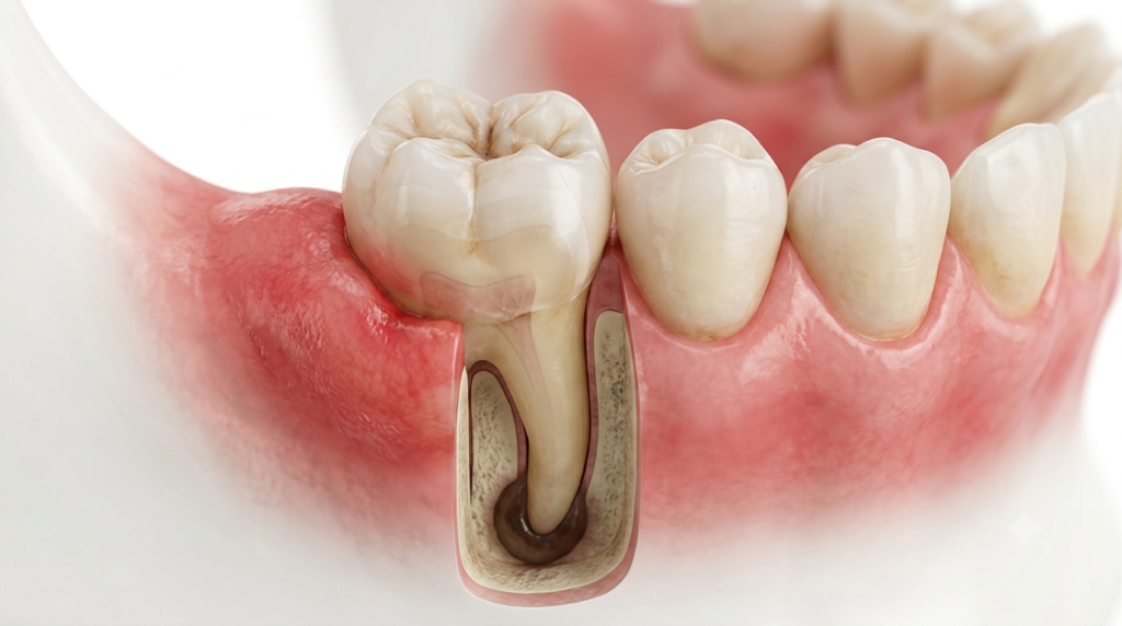 Swelling near a tooth with inflamed gum tissue